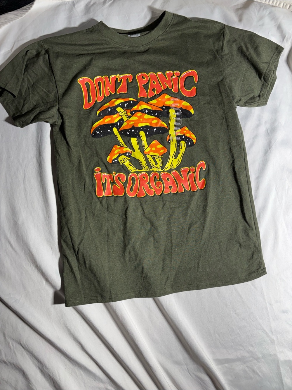 Men's Olive Graphic Tee — "Don't Panic It's Organic"